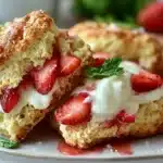 Freshly baked strawberries and cream scones on a plate