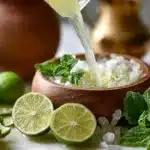 Glass of easy Brazilian lime lemonade with fresh limes on the side