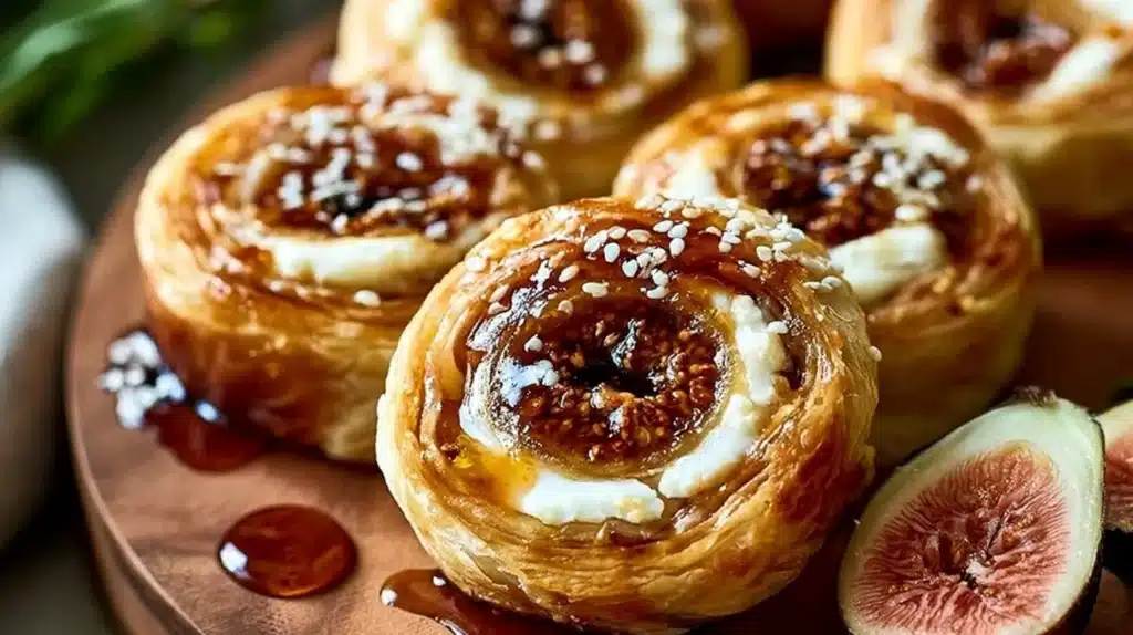 Fig and goat cheese pinwheels elegantly arranged on a serving platter.