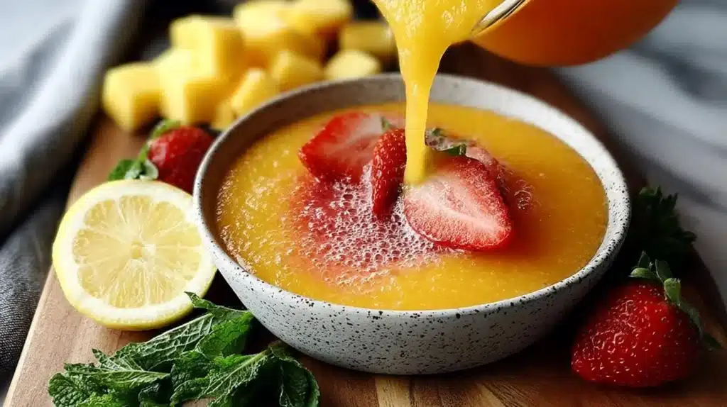 Frosty glass of frozen mango strawberry lemonade topped with fresh fruit.