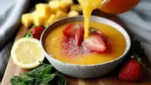 How to make Frozen Mango Strawberry Lemonade? Frosty glass of frozen mango strawberry lemonade topped with fresh fruit.