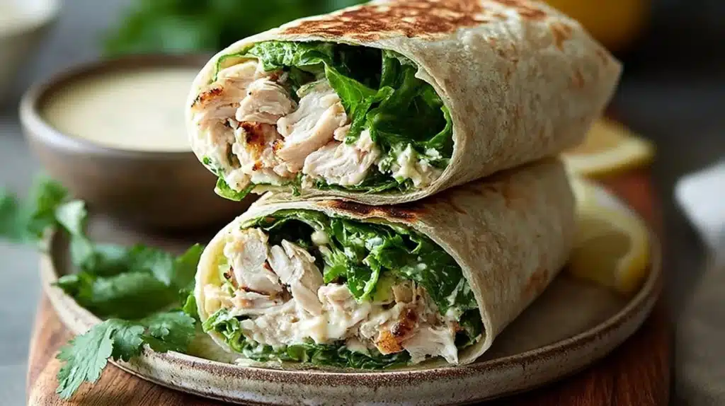 Grilled Chicken Caesar Wrap with crisp romaine, parmesan, and flavorful dressing