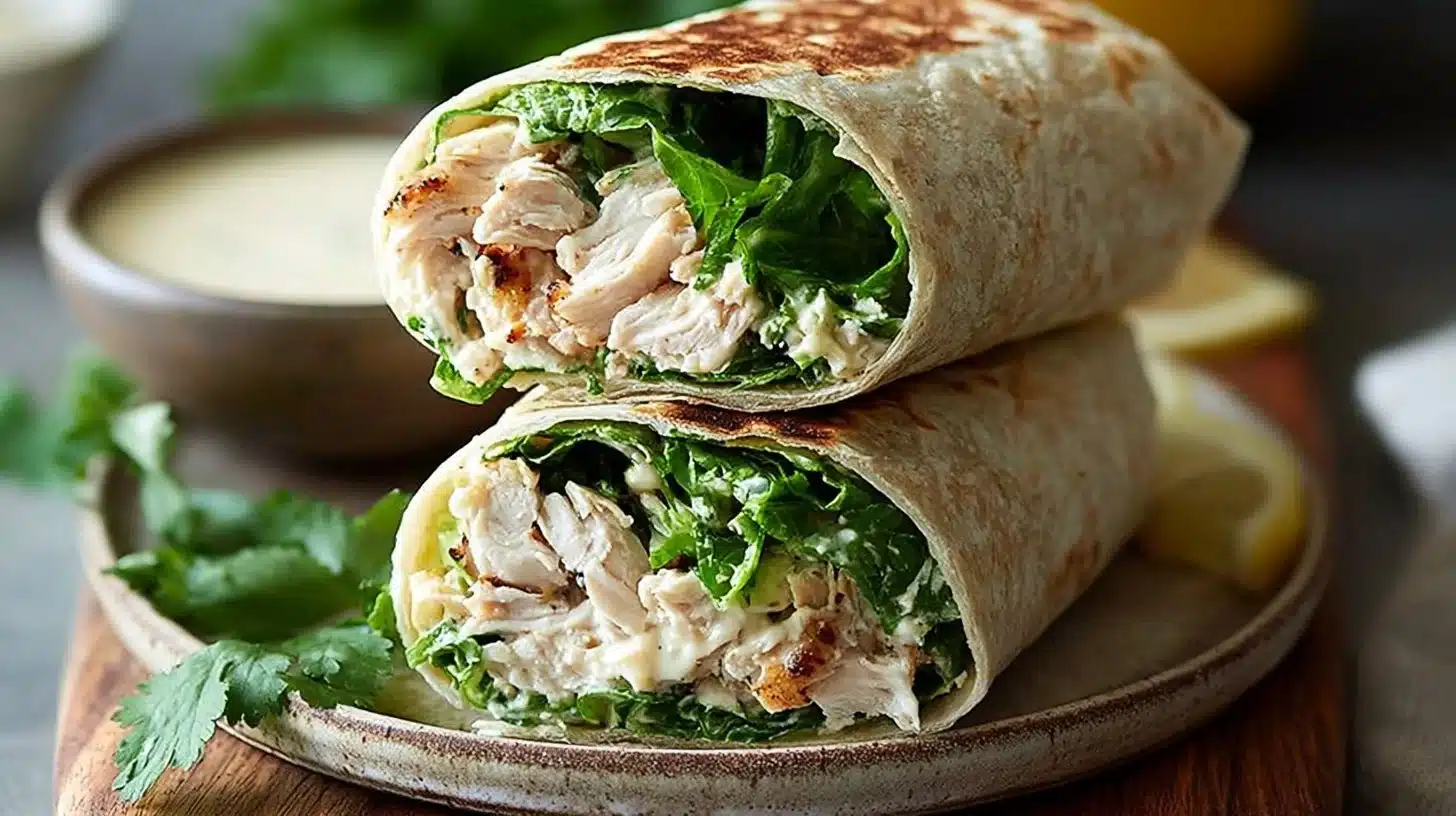 Grilled Chicken Caesar Wrap with Crisp Romaine & Parmesan 1 Grilled Chicken Caesar Wrap with crisp romaine, parmesan, and flavorful dressing