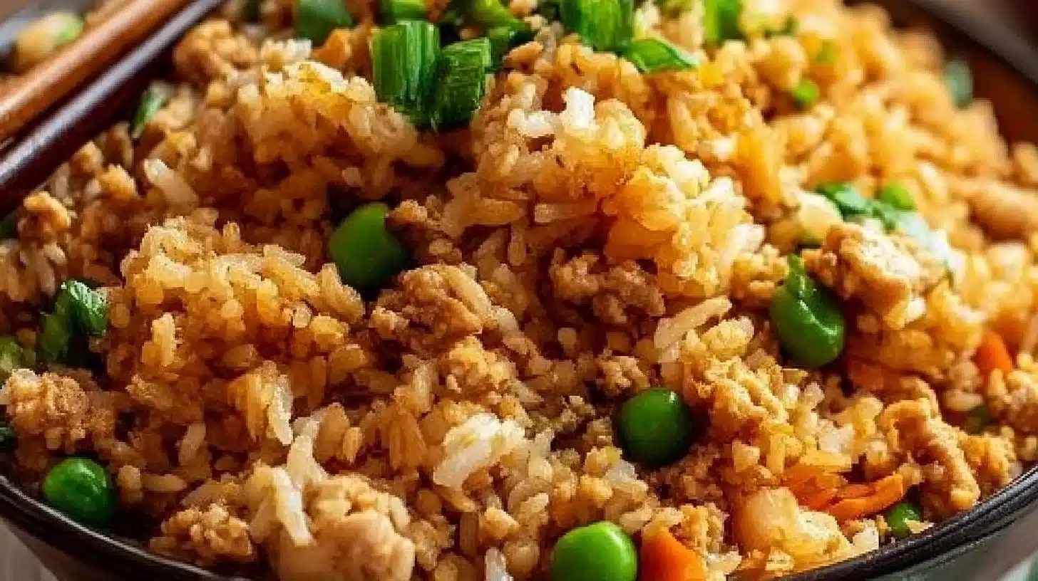 Ground Chicken Fried Rice for easy dinner 1 Delicious plate of ground chicken fried rice garnished with green onions and vegetables