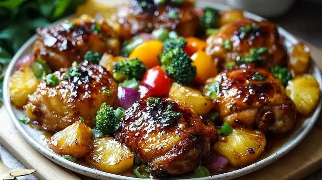 Hawaiian Chicken Sheet Pan with vibrant veggies and juicy chicken, ready to serve.