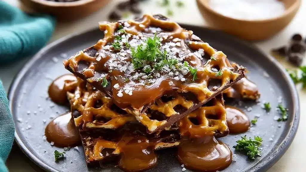 Delicious no-bake salted caramel pretzel bark topped with chocolate and sea salt.