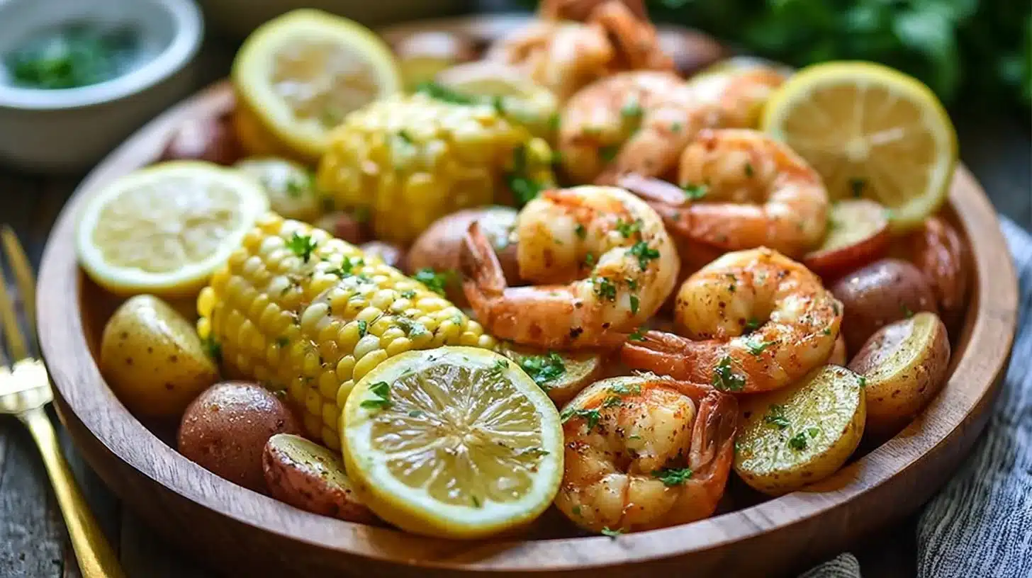 One-Pan Shrimp Boil Dinner: Quick Sheet Pan Recipe 1 One-pan shrimp boil dinner ready on a sheet pan with shrimp, corn, and potatoes.