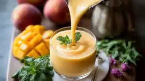 How to make Peach Mango Smoothie? Delicious Peach Mango Smoothie served in a glass with fresh fruit slices