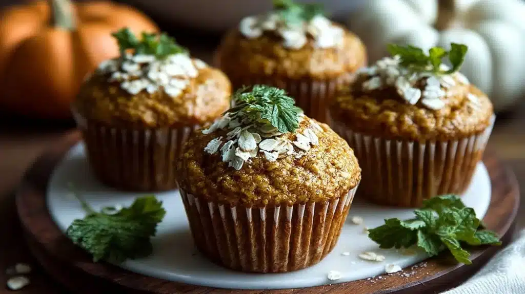 Freshly baked pumpkin oatmeal muffins on a wooden table