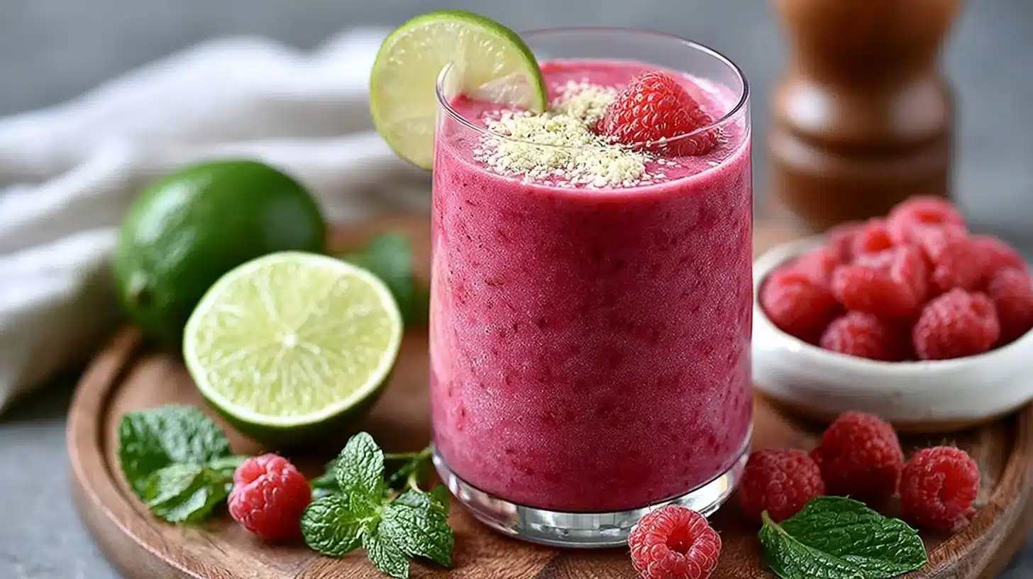How to make Raspberry Lime Smoothie? 1 Raspberry Lime Smoothie served in a glass with fresh raspberries and lime slices