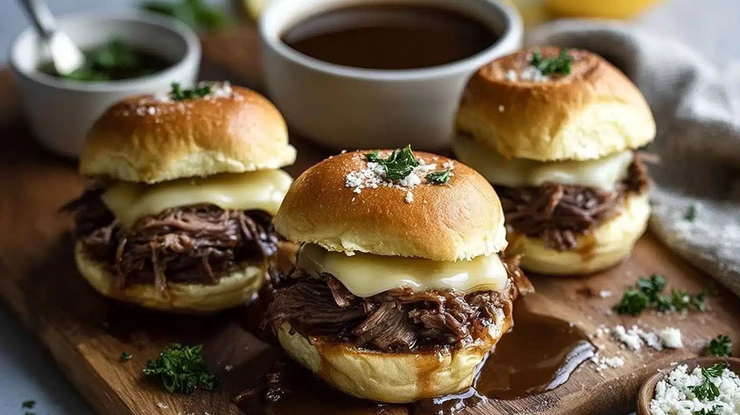 Restaurant-Style French Dip Sliders with Savory Au Jus 1 Delicious French dip sliders served with savory au jus on a wooden platter.