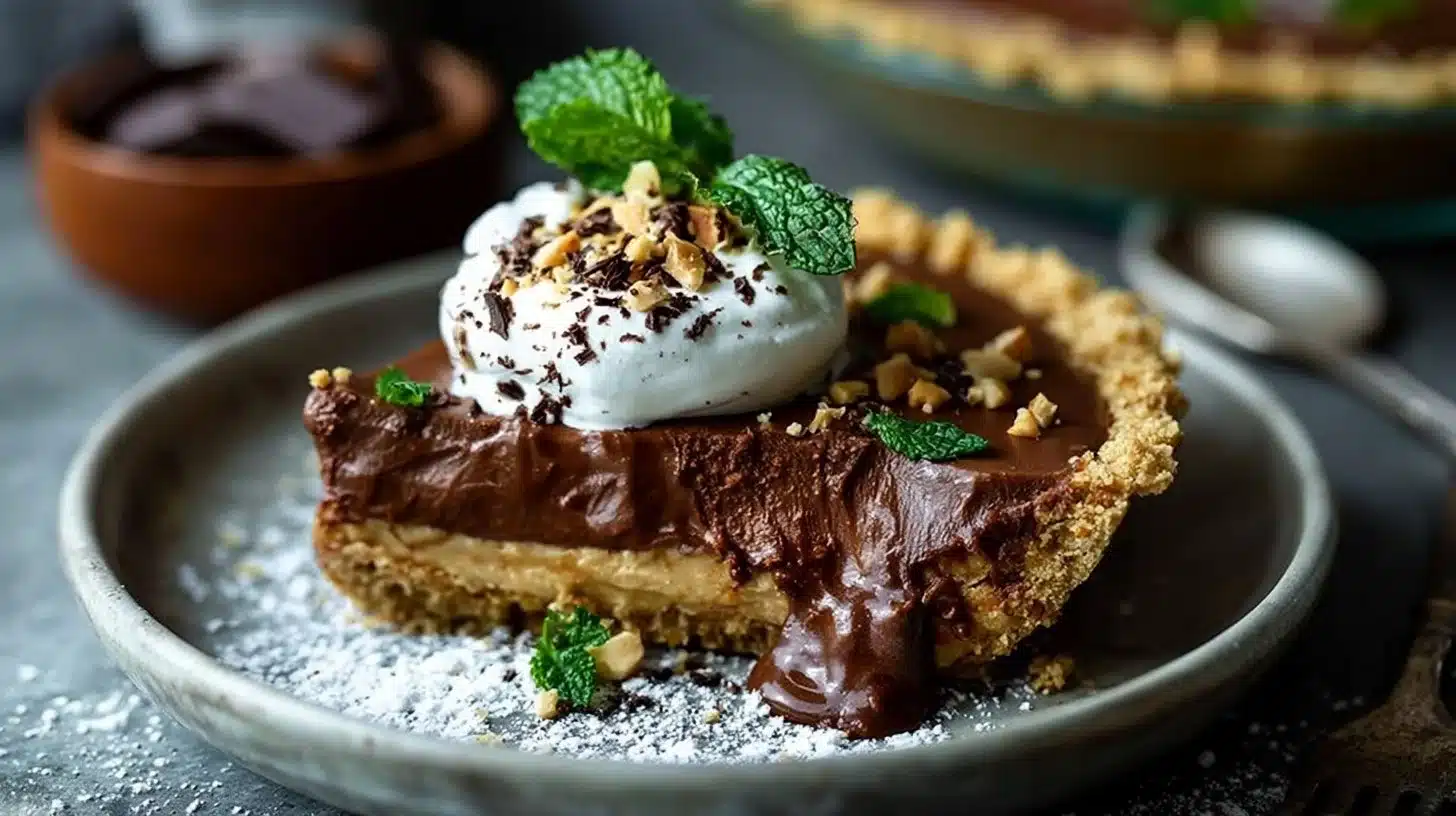 Sinfully Rich Chocolate Peanut Butter Cream Pie Recipe 1 Delicious chocolate peanut butter cream pie with a rich, creamy filling