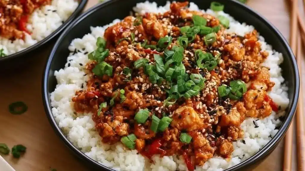 Spicy low-carb ground chicken dish garnished with fresh herbs