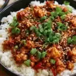 Spicy low-carb ground chicken dish garnished with fresh herbs
