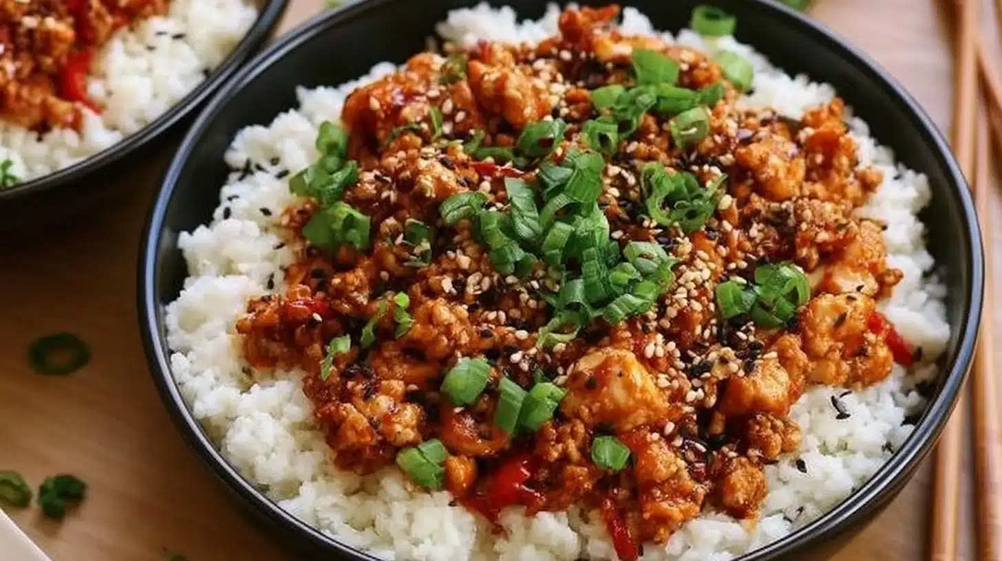 Spicy 30-Minute Low-Carb Firecracker Ground Chicken Recipe 1 Spicy low-carb ground chicken dish garnished with fresh herbs