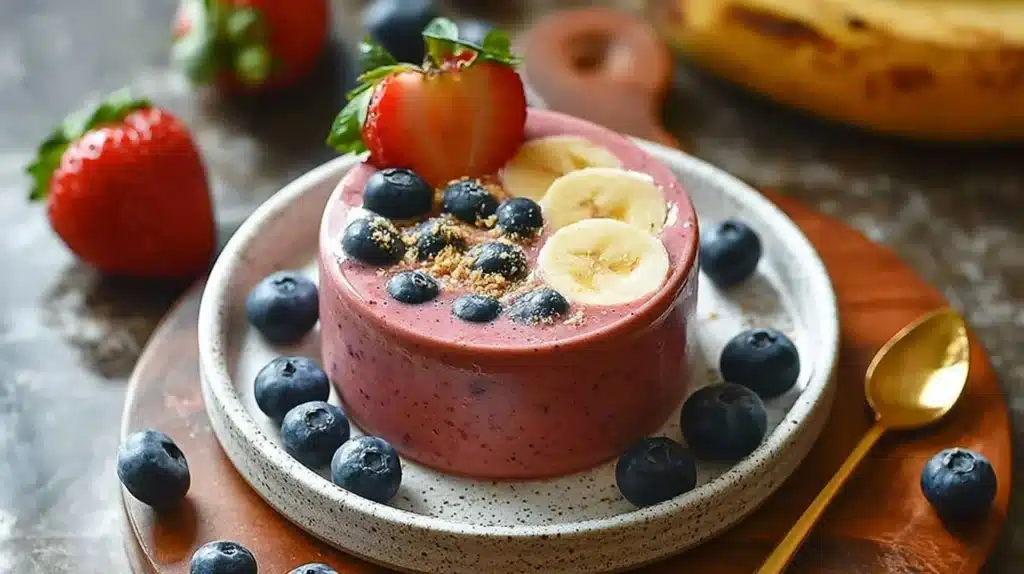 Strawberry Blueberry Banana Smoothie in a glass with fresh fruits