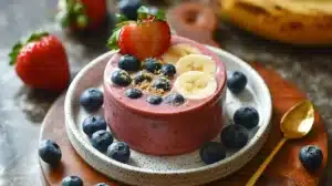 Strawberry Blueberry Banana Smoothie in a glass with fresh fruits