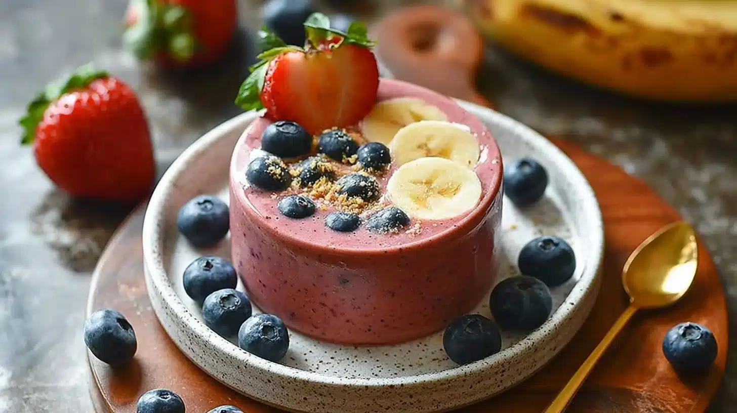 How to make Strawberry Blueberry Banana Smoothie? 1 Strawberry Blueberry Banana Smoothie in a glass with fresh fruits