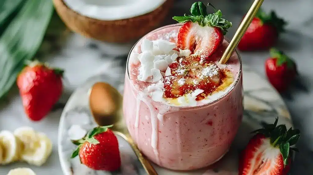 Strawberry coconut smoothie in a glass with fresh strawberries and coconut flakes