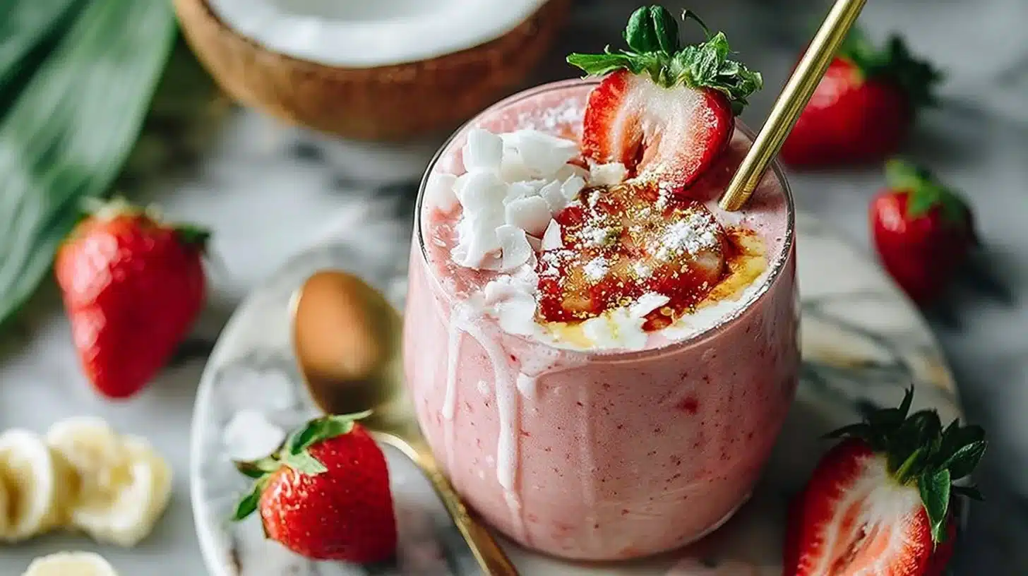 How to make Strawberry Coconut Smoothie? 1 Strawberry coconut smoothie in a glass with fresh strawberries and coconut flakes