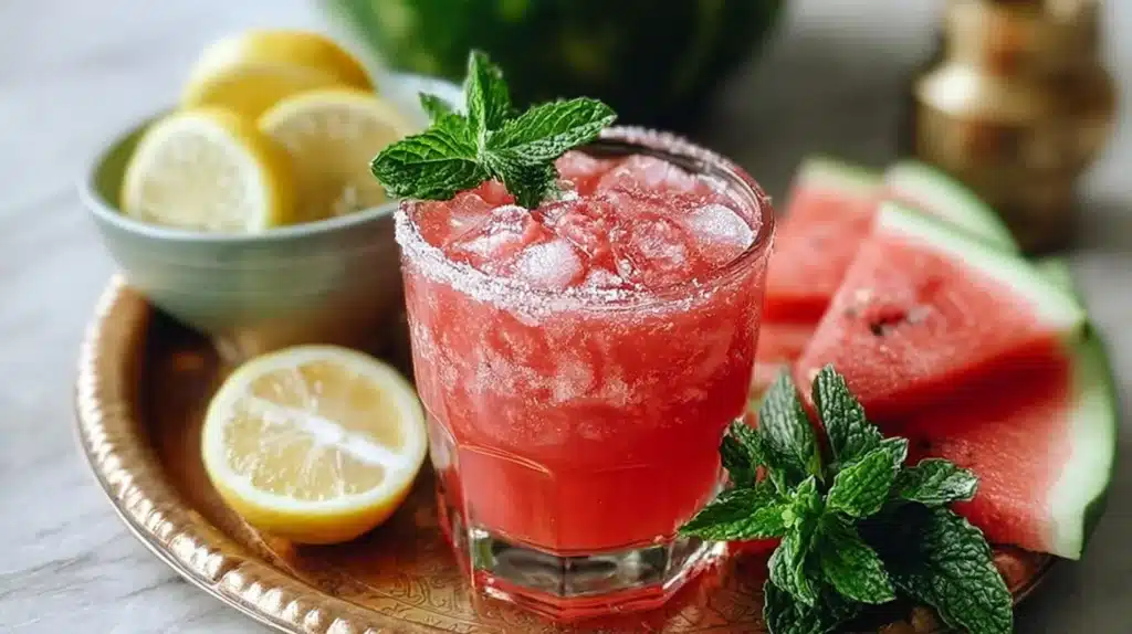 Fresh watermelon lemonade in a glass with lemon slices and mint leaves
