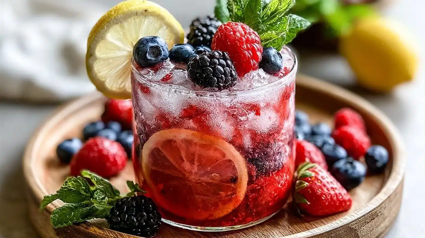 How to make Triple Berry Lemonade? 1 Homemade Triple Berry Lemonade with strawberries, blueberries, and raspberries.