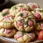 Delicious vegan strawberry sugar cookies with fresh strawberries served on a plate.