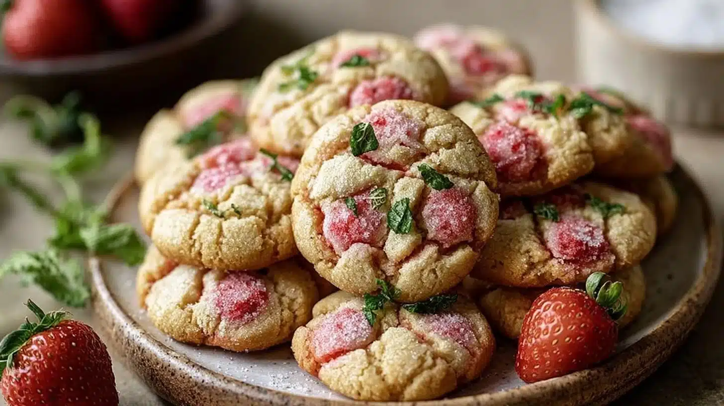 How to make Vegan Strawberry Sugar Cookies? 1 Delicious vegan strawberry sugar cookies with fresh strawberries served on a plate.