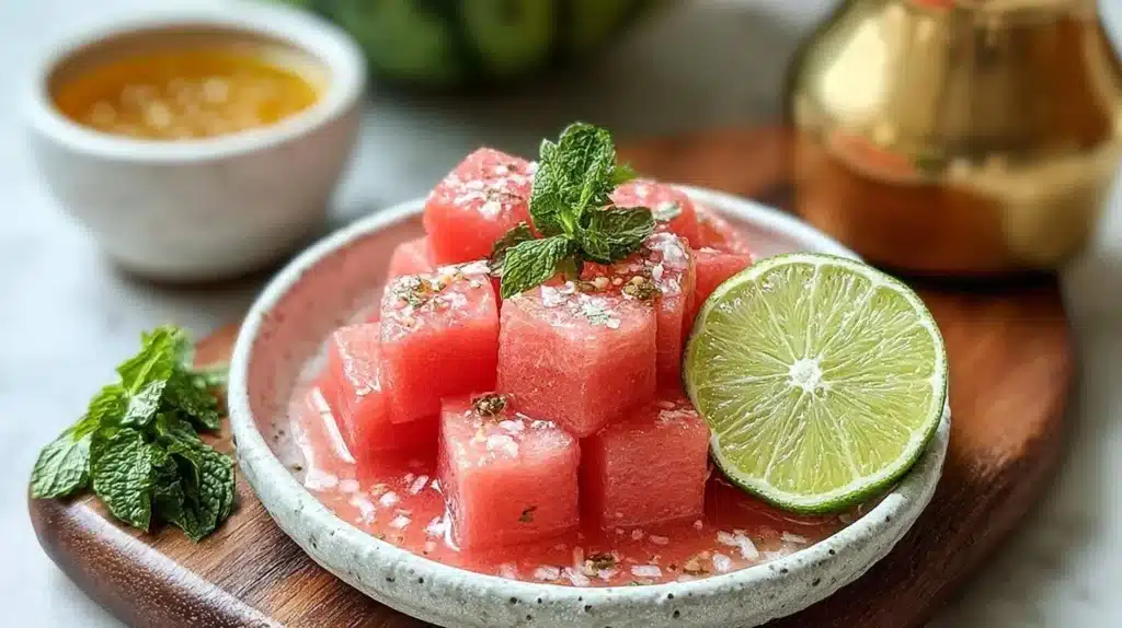 Delicious watermelon smoothie in a glass with mint leaves