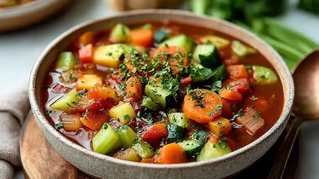 Bowl of hearty plant-based veggie stew with fresh vegetables and herbs.