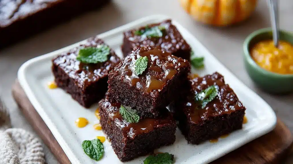 Delicious homemade pumpkin brownies topped with chocolate drizzle